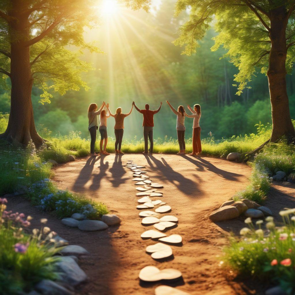 An inspiring scene depicting a diverse group of survivors engaging in a support circle outdoors, surrounded by nature, with elements representing health and healing (like herbs and sunlight). Include symbols of empowerment, such as raised hands or hearts, while showcasing a warm and encouraging atmosphere. The background should suggest a journey, like a winding path leading to a brighter horizon. super-realistic. vibrant colors. soft focus.