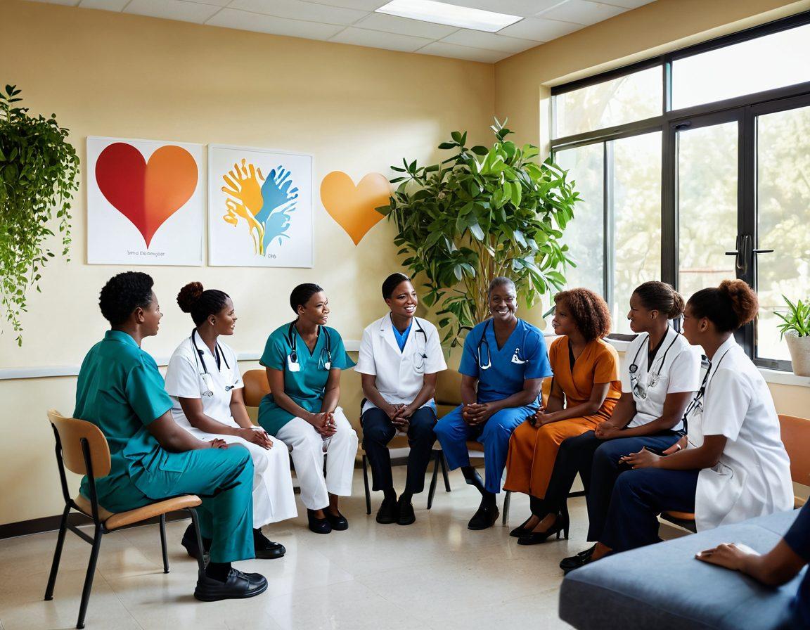 A warm, inviting scene depicting a diverse group of healthcare professionals engaged in compassionate discussions with patients in a bright, airy clinic environment. Include elements symbolizing teamwork, like a heart shape formed by hands, and visual representations of wellness, such as plants and art on the walls. The atmosphere should evoke trust and support, emphasizing human connection and empathy. super-realistic. vibrant colors. natural lighting.